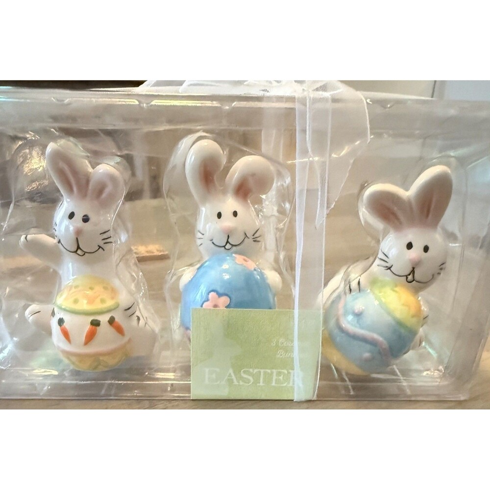 Joanne's 3 Pc. Ceramic Easter Bunny Rabbits with Eggs Decorations NIB